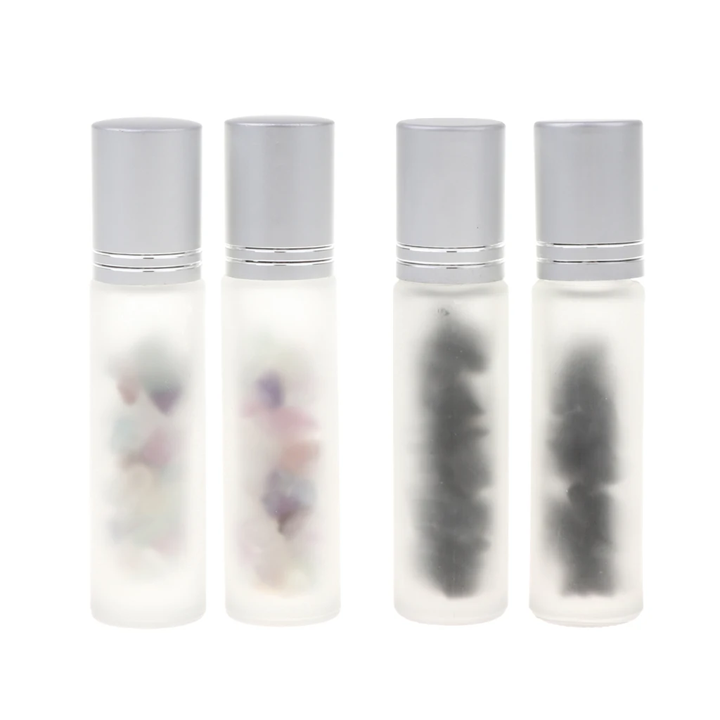 

4pcs Gemstone Essential Oil Roller Bottles, Natural Crystals Stones Inside | Gemstone Roller Balls - Frosted Glass
