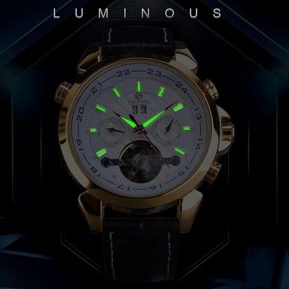 Forsining автоматические механические мужские часы модные золотые Tourbillon Moonphase Дата натуральная кожа Бизнес Спорт Montre Homme