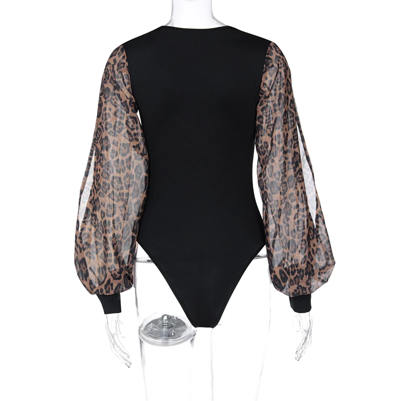

A&BHelenss 2021 Summer Women Fashion Streetwear Outfits Stretchy Rompe Leopard Slit Long Puff Sleeves V-Neck Sexy Bodysuit
