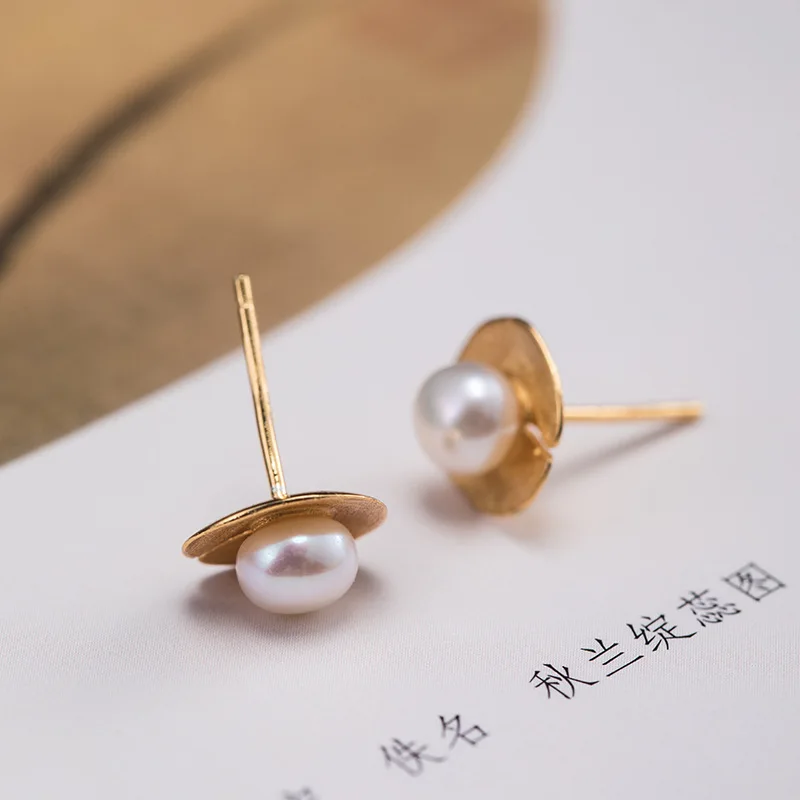 925 Sterling Silver Lotus Leaf Pearl Stud Earrings For Women Original Handmade Female 18k Gold Vintage Jewelry Flyleaf Hot Sale