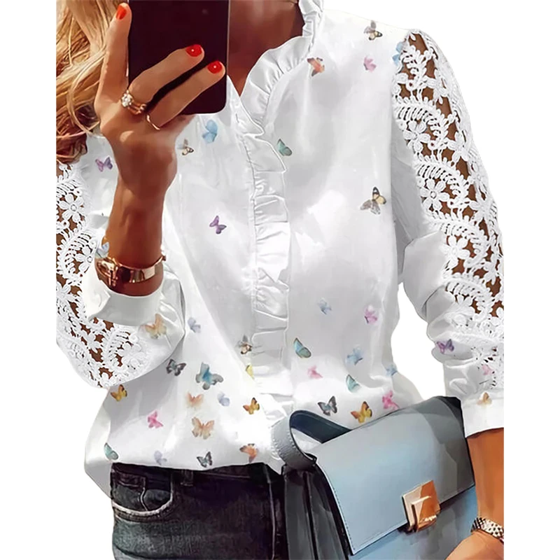 

Women Elegant Fashion Butterfly Print Blouses Top Ruffled Trim Casual Long Lace Sleeve Blouse