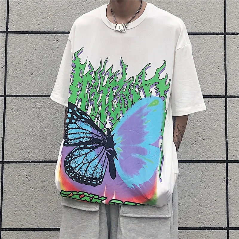 

KOSAHIKI Summer Harajuku Loose Butterfly T Shirt Vintage Short Sleeve Women Men Tops Casual Cartoon Print Japanese Streetwear
