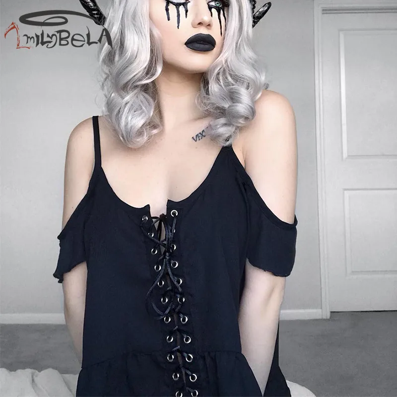 Imily Bela готический черный с коротким рукавом и оборками футболка Slash шеи Спагетти