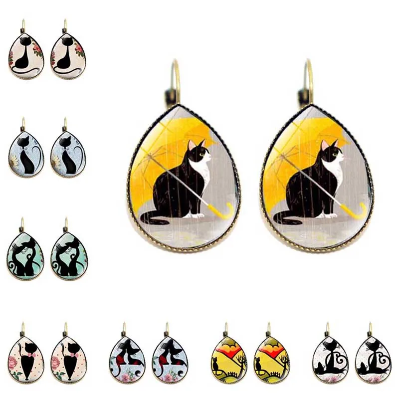 Классические серьги капли с изображением кота пара зонтиков кошек комиксов