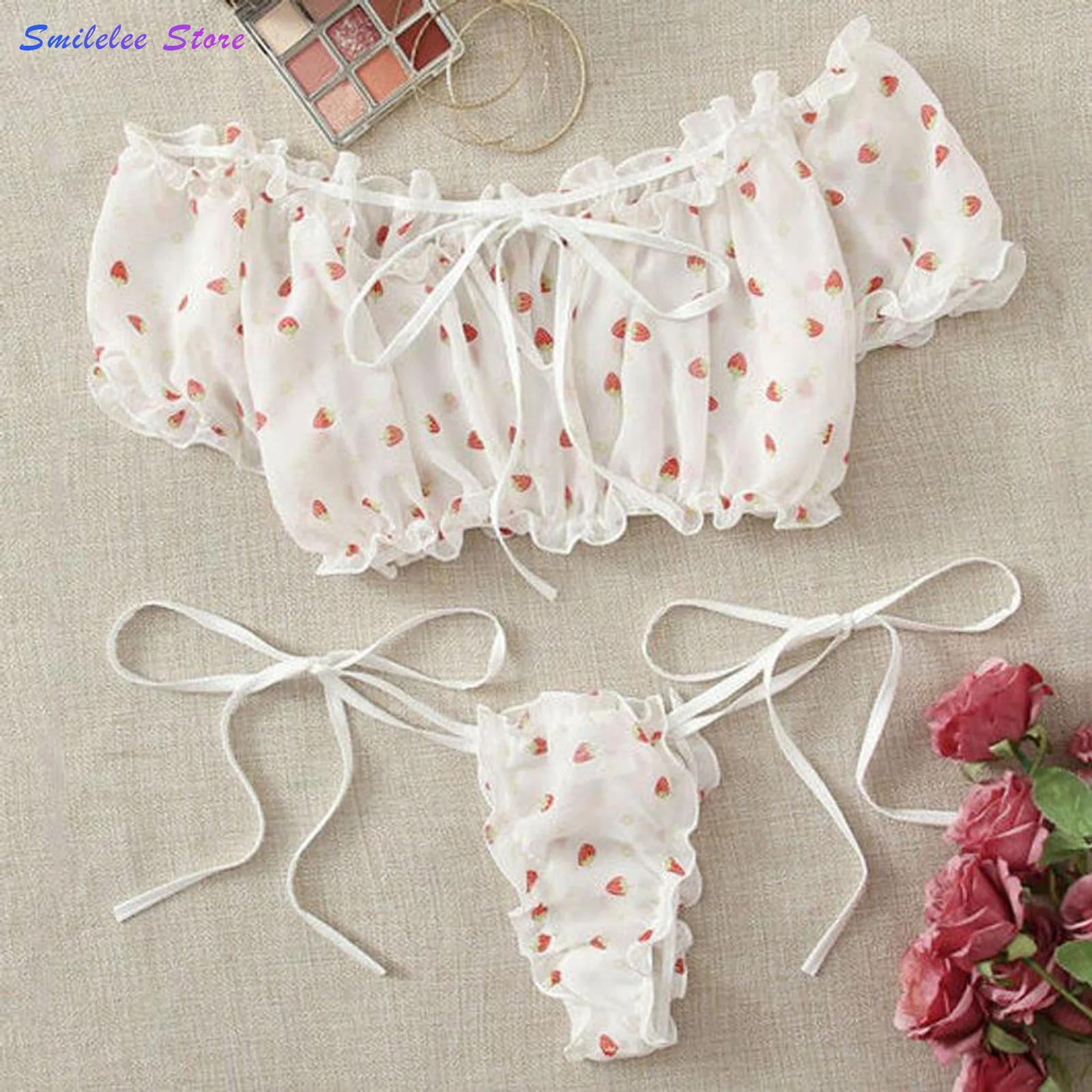 

Sexy Lingerie Erotic Sets Women Embroidery Lace Bowknot Strapless Bra Thong Set Seamless Panties Pajamas Sleepwear Femenina