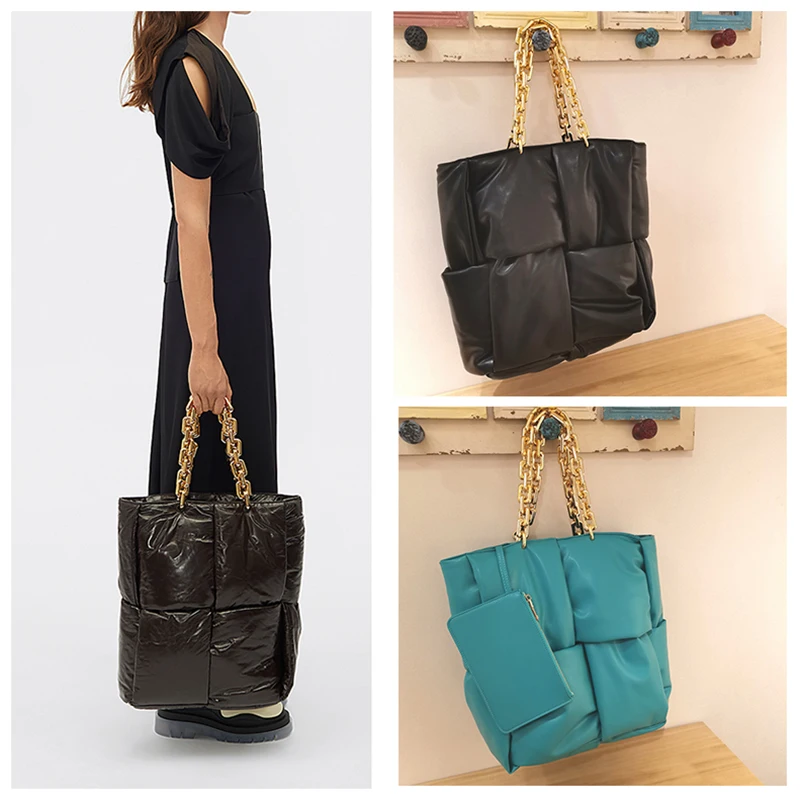 

Big Quilt Stuffed Handbag for Women Large Travel Bag Female Luxury Designer Shoulder Bag Thick Acrylic Chain Hand Purse Dropship