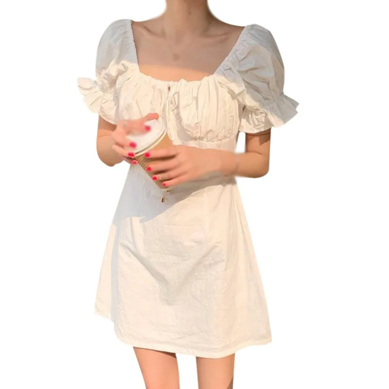 

Милое белое платье с рукавами-пузырьками и квадратным вырезом, женское платье, повседневное женское летнее платье, женские платья, женское ...