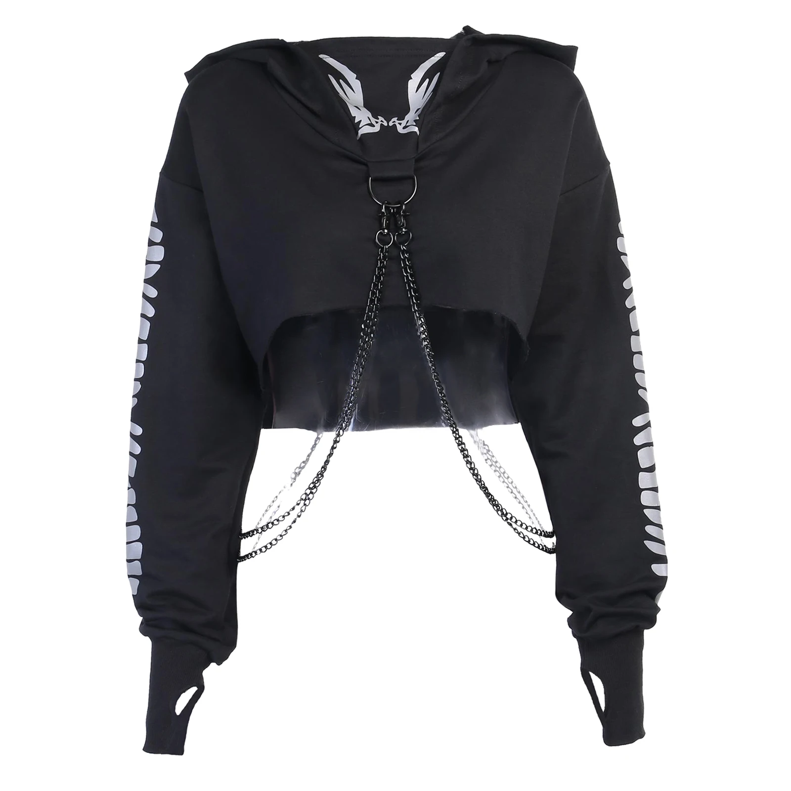 

Women Chained Long Sleeve Crop Tops Pullover Blouse Reflective Print Hoodies Sweatshirt for Rave Party Festival Streetwear