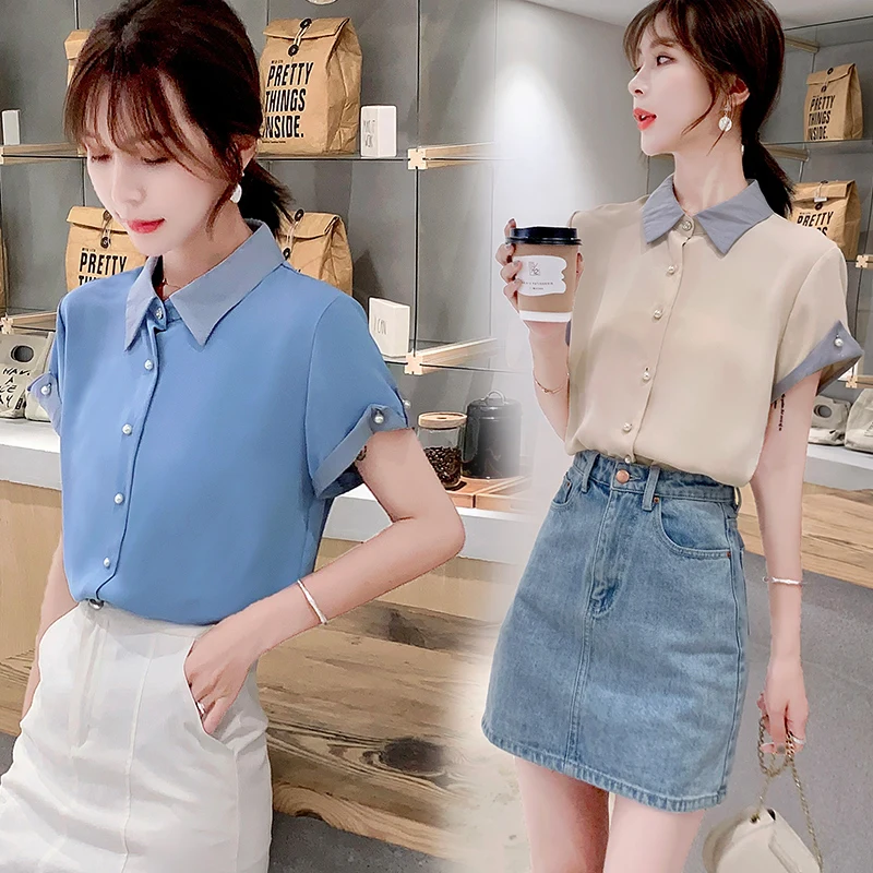 

COIGARSAM Short Sleeve Shirt Womens tops Summer Loose Chiffon Thin Women shirts Apricot Blue 3607