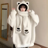 faux lamb wool bear gloves hooded scarf detachable sweater long sleeved 2021 autumn and winter new fashion womens clothing