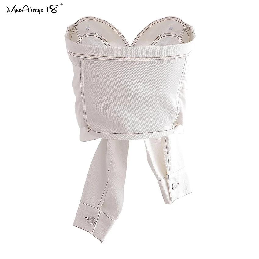 

Mnealways18 Denim White Tube Top Women Vintage Sleeveless Blouse Button Chic Bowknot Crop Top Female Cotton Casual Lace-Up Autum