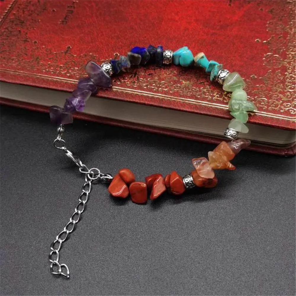 

7 Chakra Reiki Women Chipped Gravel Bracelets Healing Balance Natural Chip Stone Beads Meditation Rainbow Adjustable Bracelet