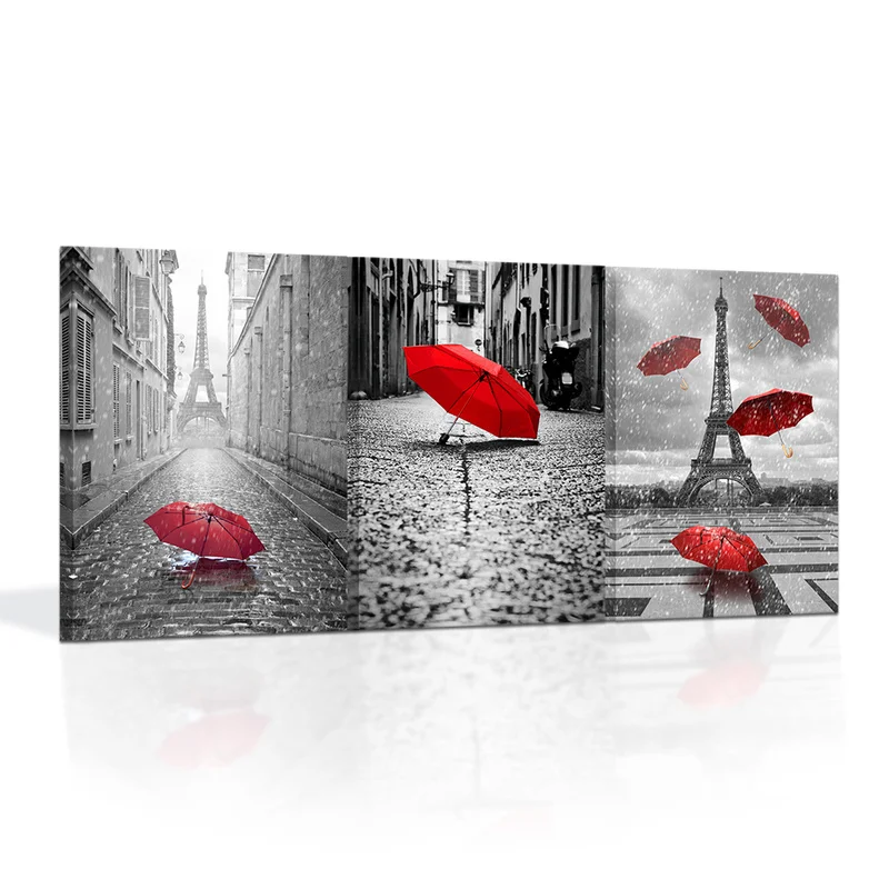 

3 Pieces Red Unbrella on Street Wall Art Poster City Buildings Print Canvas Art Modern Style Pictures Living Room Home Decor