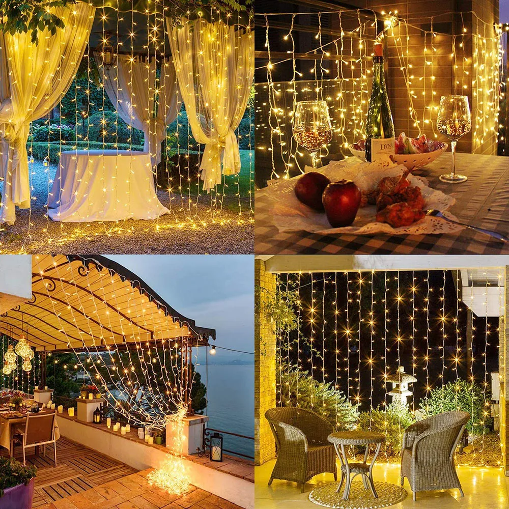 

Solar Powered led Icicle Curtain String Lights 8 Modes 3x2/3x3m Waterproof Christmas Garland Lights For Wedding Party Garden