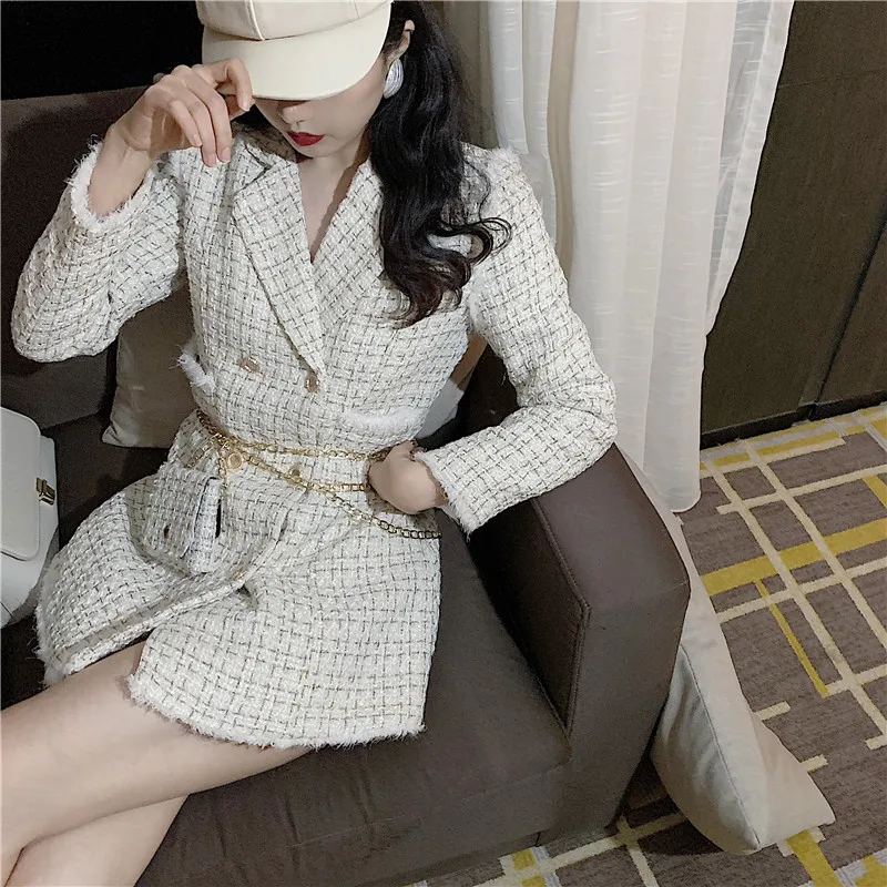 

2020 New Gold Thread Plaid Coat Women Notched Collar Double Breasted Wool Coats Tweed Slim Jacket Outerwear With Free Belt Bag