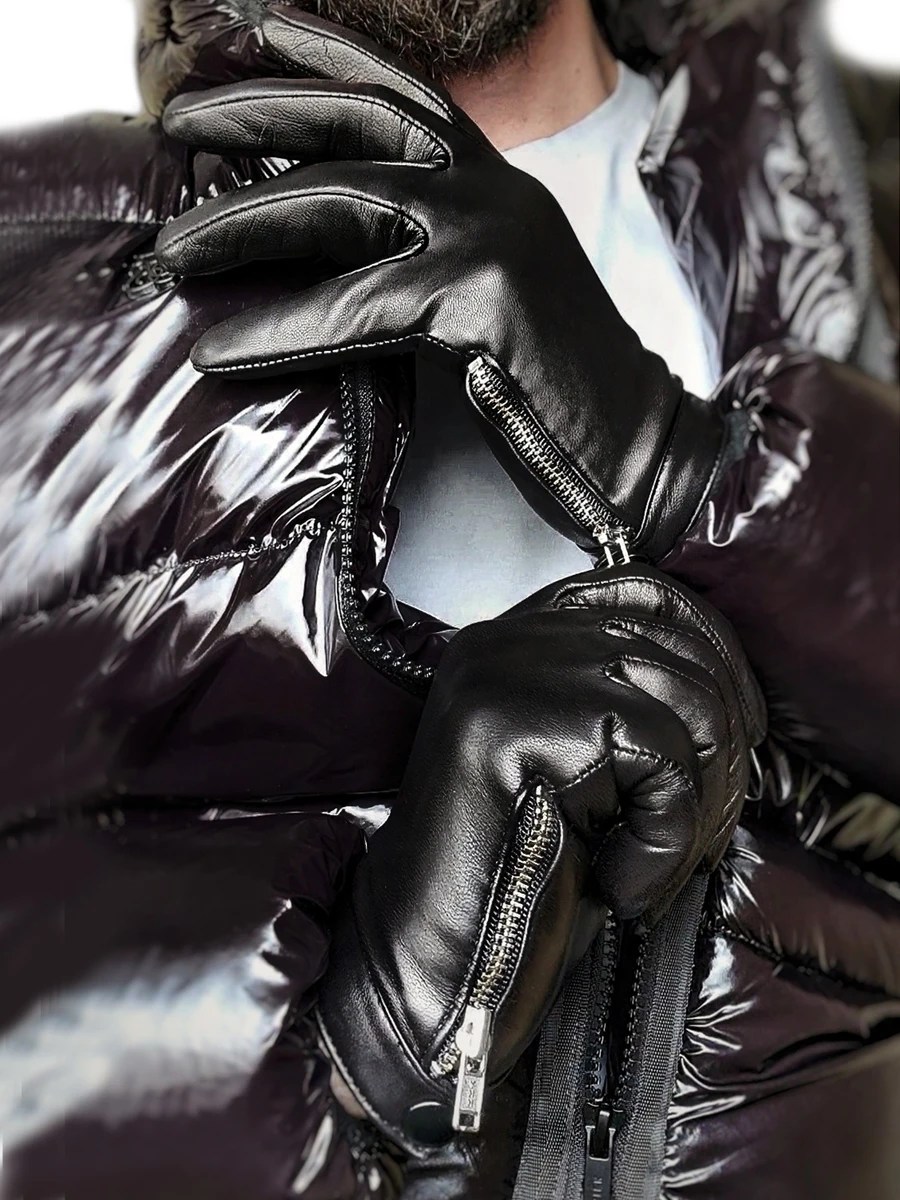 

man's side zipper with button real leather lambskin gloves black