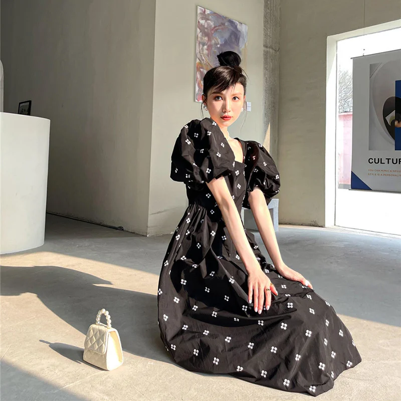 

LANMREM Women's Black Flower Long Dress New Square Collar Lantern Sleeve Loose Sweet Fashion Trend Spring Summer 2021 2E12470