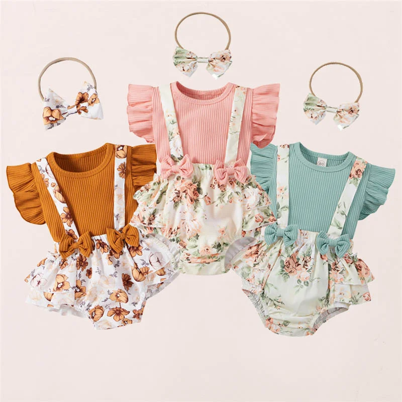 

Комплект одежды для маленьких девочек, летняя одежда для малышей Одежда для маленьких девочек, футболка + комбинезон комплект из 3 предметов...