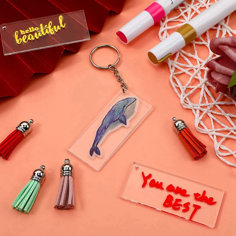 

150 Pcs Rectangle Acrylic Keychain Blanks 2Inch Clear Acrylic Discs Ornaments Transparent for DIY Keychain Craft Project