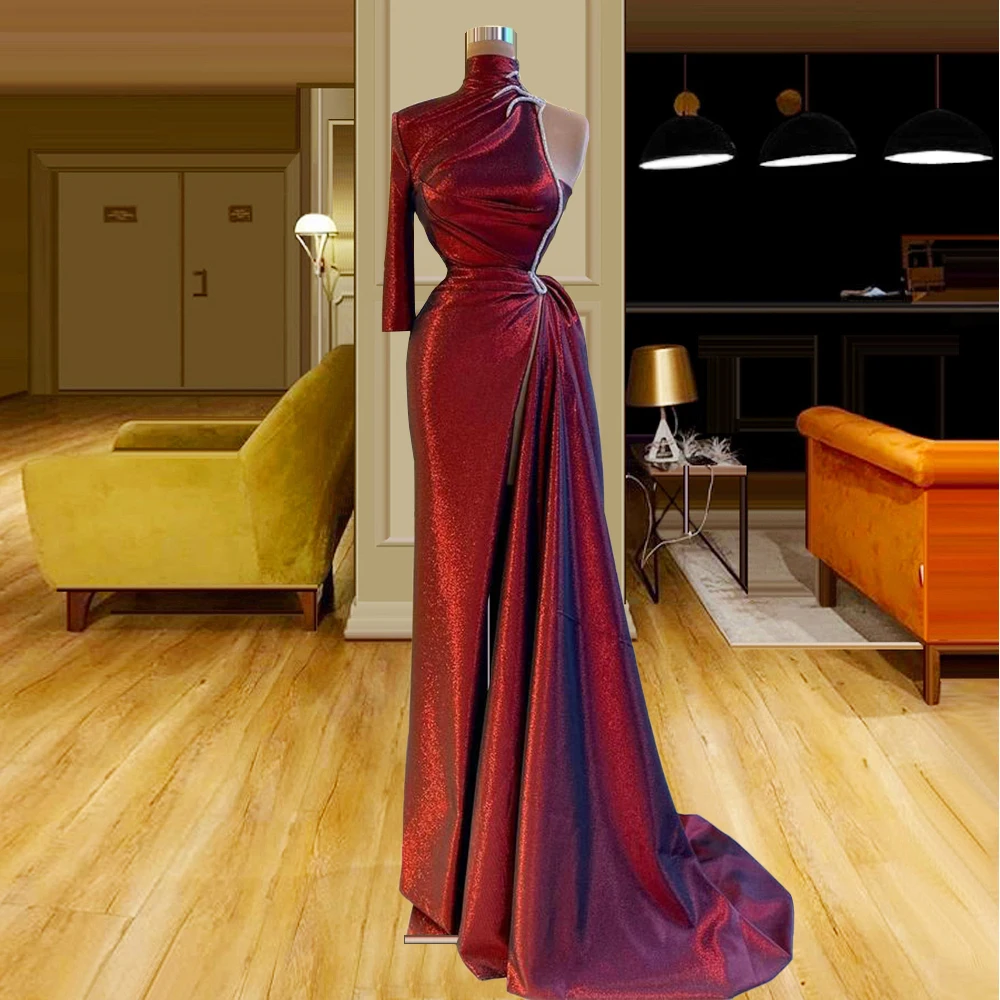 

Single Sleeve Sequin Dark Burgundy вечернее платье в пол High Neck Sweep Train vestido formal FOF31125
