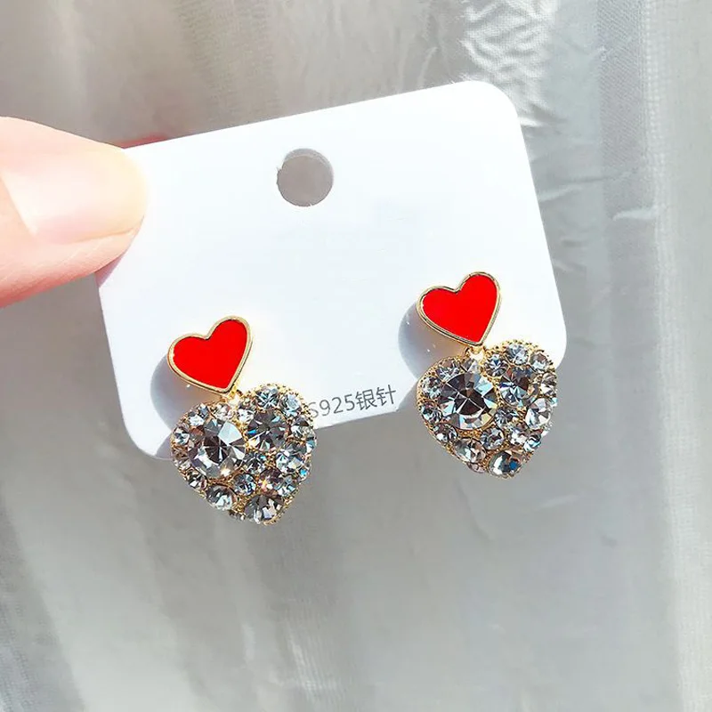 

Fashion Korean Earrings For Women Shine Rhinestone Heart Pink Ear Stud Female Girl Jewelry E010
