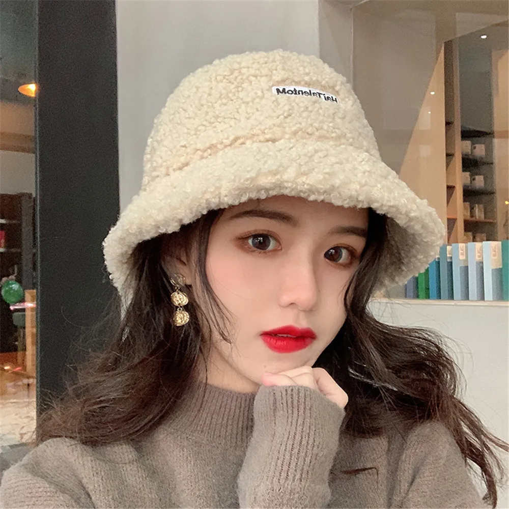 2021 Korean Hat Fisherman Hat Female Autumn and Winter Fashion Tide Imitation Lamb Plush Wild Warm Pot Hat Plus Velvet Net Red