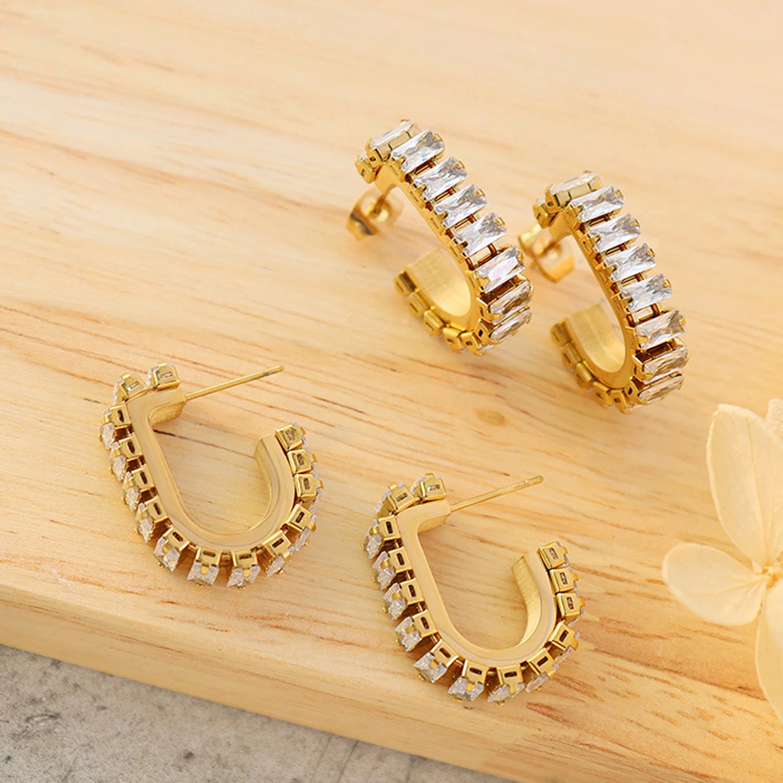 

CZ открытые серьги-кольца для женщин, изысканная Золотая подвеска из нержавеющей стали, серьги-Багет, вечерние ювелирные изделия для помолвк...