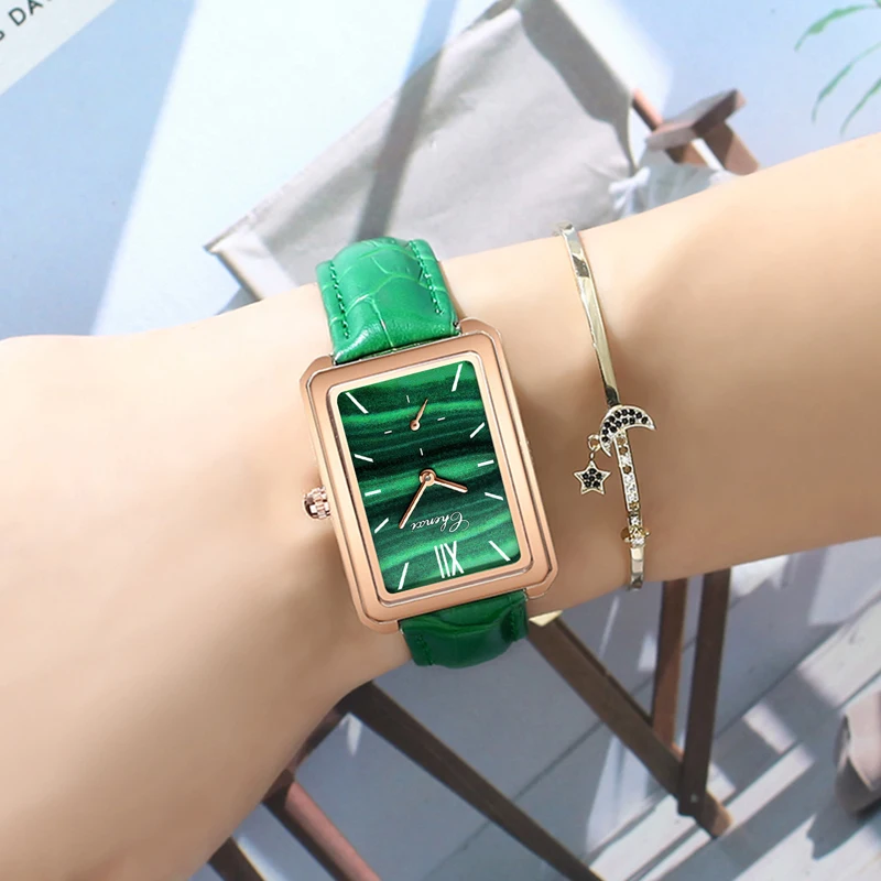 

Luxury Malachite Green Watch Women Genuine Leather Strap Vintage Square Ladies Watch Waterproof Watch For Women Gift Reloj Mujer