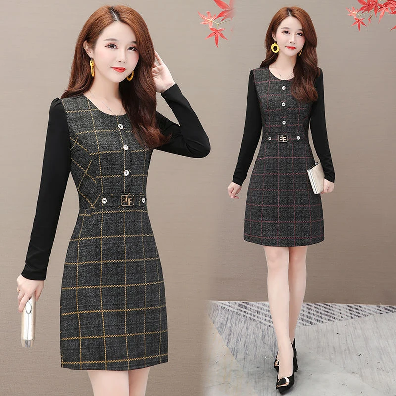 

New Women's Party Dresses Elegant Slim Pack Hip Skirt Leisure O-neck Korean Elegant Temperament Medium-length Dresses SS744