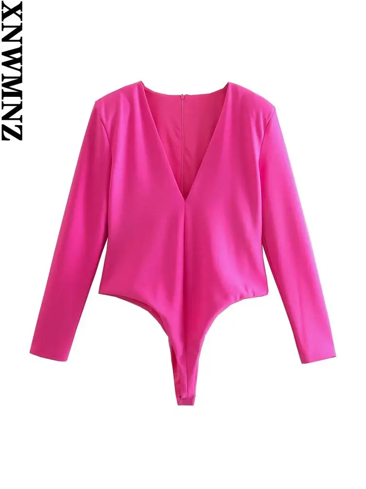 

XNWMNZ bodycom jumpsuit slim Women fashion with shoulder pads bodysuits vintage long sleeve back zipper female playsuits mujer