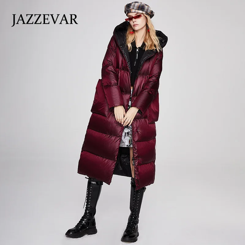 JAZZEVAR 2022 Winter New 90 White Duck Thick Down Jacket Women Windproof Hooded Warm Profile Long Coat