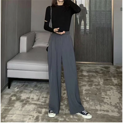 

2021 Retro Solid Color Wild Straight Wide Leg Pants Female Spring New Korean Fashion High Waist Casual Long Pants