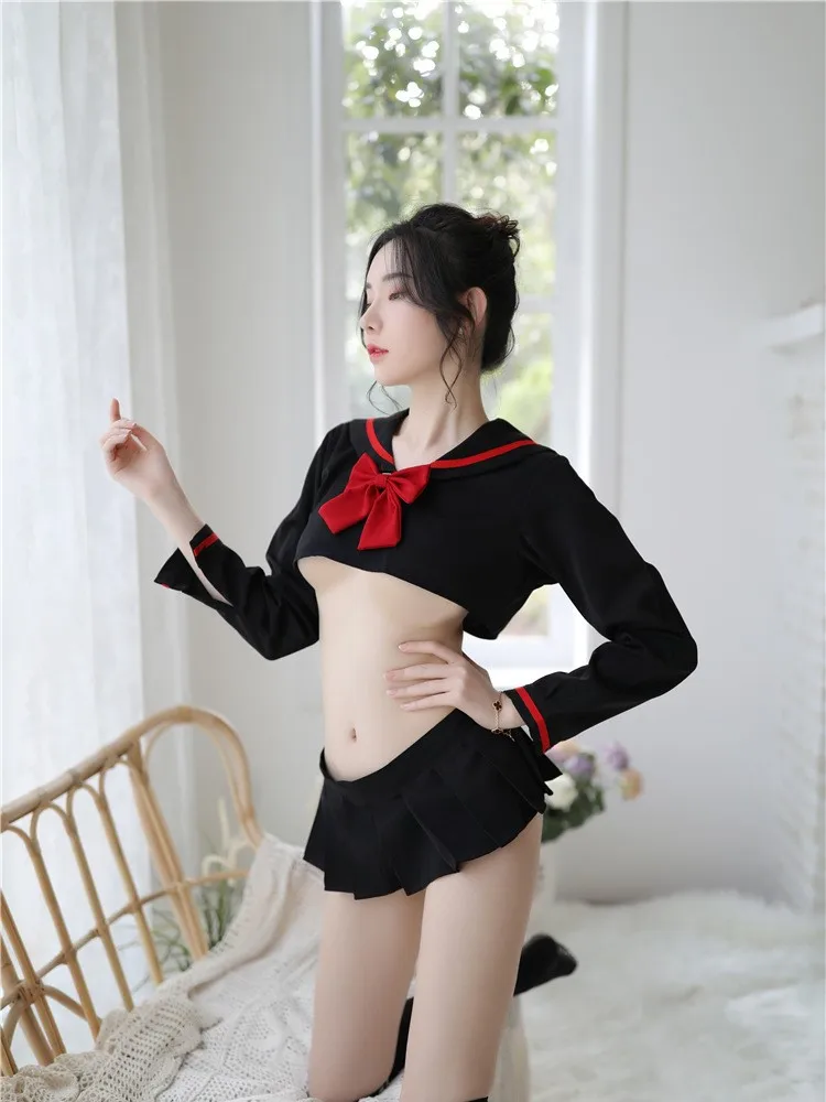 

Student Sailor with Black Color with Red Bow Sexy Cosplay Costume JK Uniform Kwaii Lolita Mini Top Skirt Erotic Roleplay Set