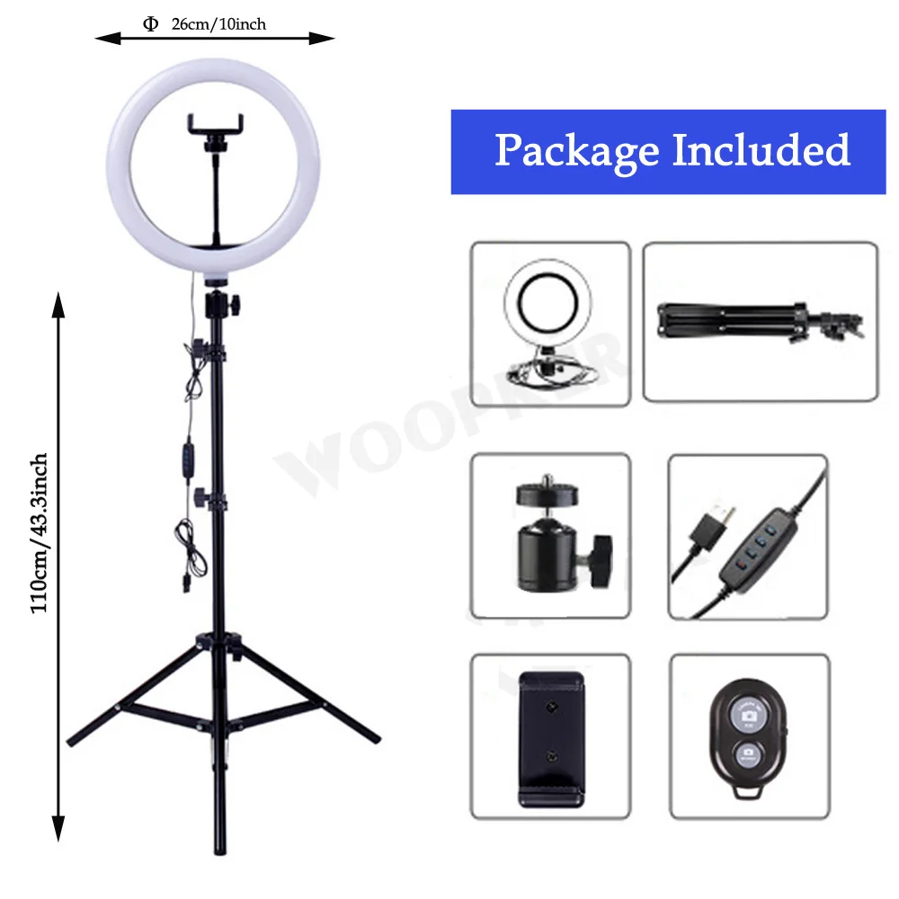 Светодиодный кольцевой светильник для селфи 10 дюймов со штативом и держателем