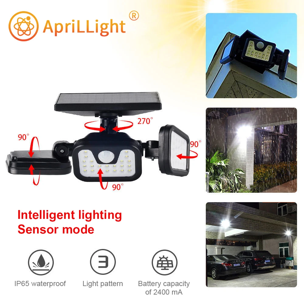 

LED Solar Light Outdoor 3 Head With PIR Motion Sensor 270 Wide Angle Illumination Waterproof Wall Lamp Street Lights Spotlight
