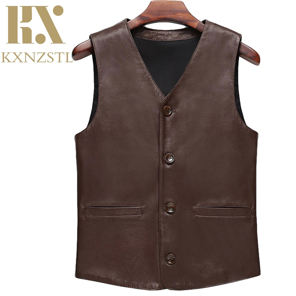 

men cow leather vest warm cowhide genuine leather waistcoat business casual v collar real bikers coats pockets sleeveless tops