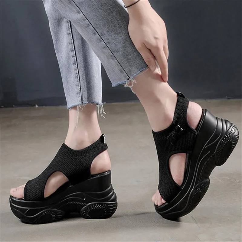 

Summer Women Fashion New Super High Heel Sandals Wedges Open Toe Knitting Rome Shoes Platform Slip On Sneakers