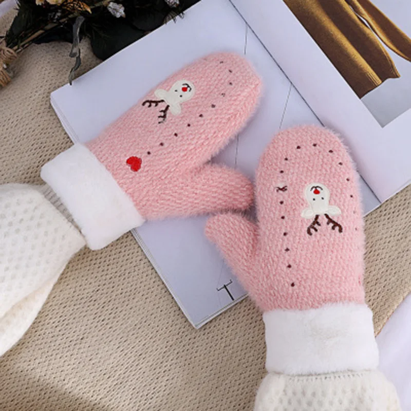 Women's Winter Double Thicken Velvet Wool Knit Warm Gloves Cute Cartoon Elk Embroidered Cashmere Cycling Driving Mittens L20 |