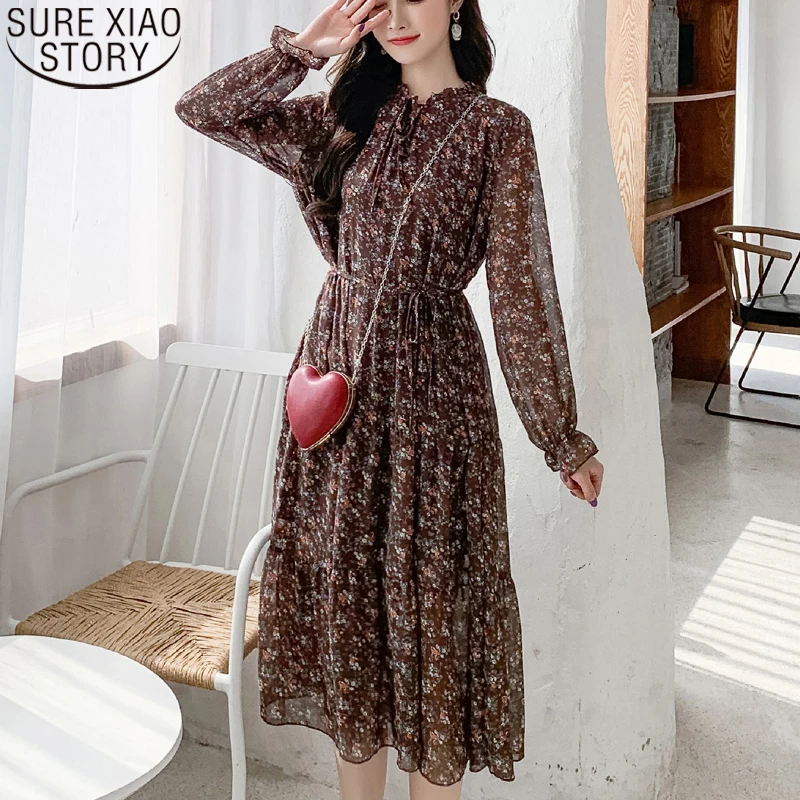 Женское шифоновое платье с воротником стойкой винтажное прямое до середины икры