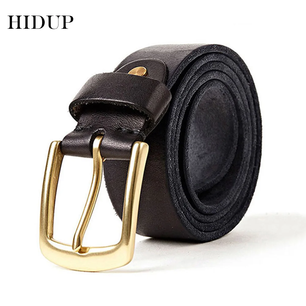 HIDUP Top Quality Brass Pin Buckle Metal Belts Men Retro Style Pure Solid Cow Cowhide Leather Belt Jean Accessories 3.8cm NWJ289