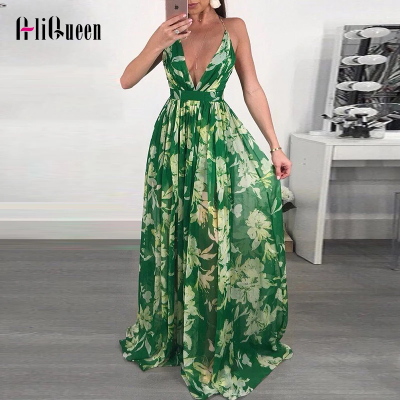 

Women Green Boho Printed Beach Maxi Dresses Summer 2020 Feamle Sexy Deep V Backless Long Dress Party Dress Plus Size Vestidos