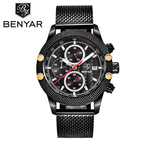 Black Red BENYAR часы Мужские Спортивные Хронограф модные часы мужские сетчатый резиновый ремешок водонепроницаемые повседневные кварцевые часы золотые Saat - Цвет: Black Red