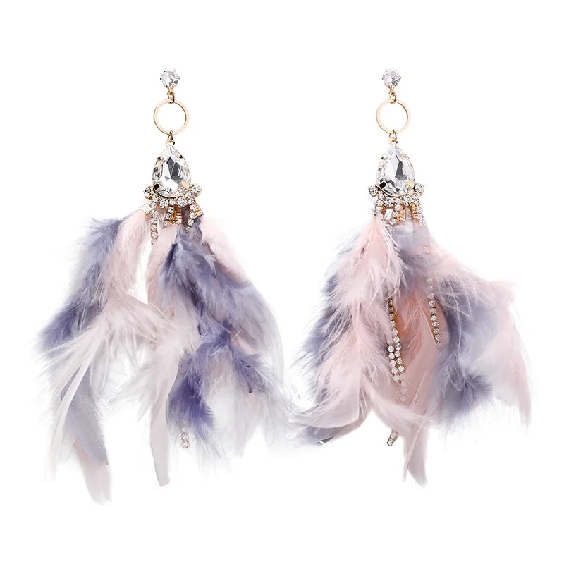 

Fashion Winter Feather Cubic Zirconia Long Earrings for Women White Pink Gray Color Tassel New Cute Pendientes Largos Mujer