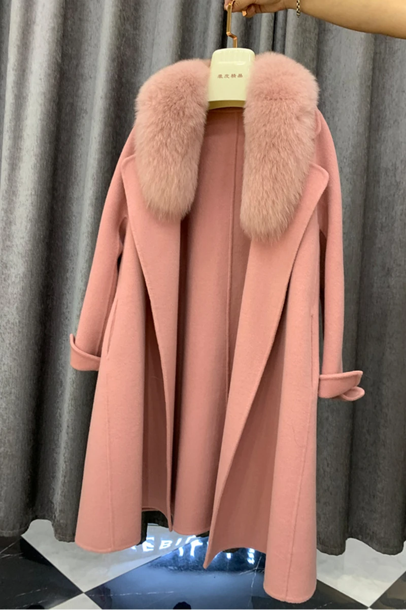 

2020 New Wool Winter Coats Double-faced Wool Clothing with Fox Fur Collars Long Style Women's Warm Fur Outwear Fashion Jackets