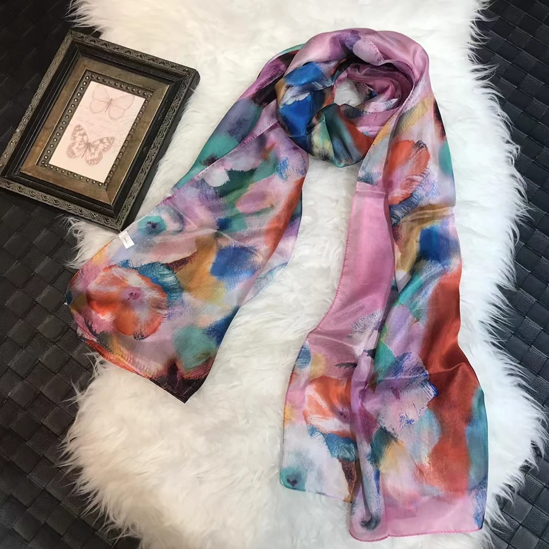 Fashion 100% Silk Scarf Ladies Pink Green Scarves BufandasSummer Beach Shawls Foulard Fall Winter Brand Long Neck Hijabs |