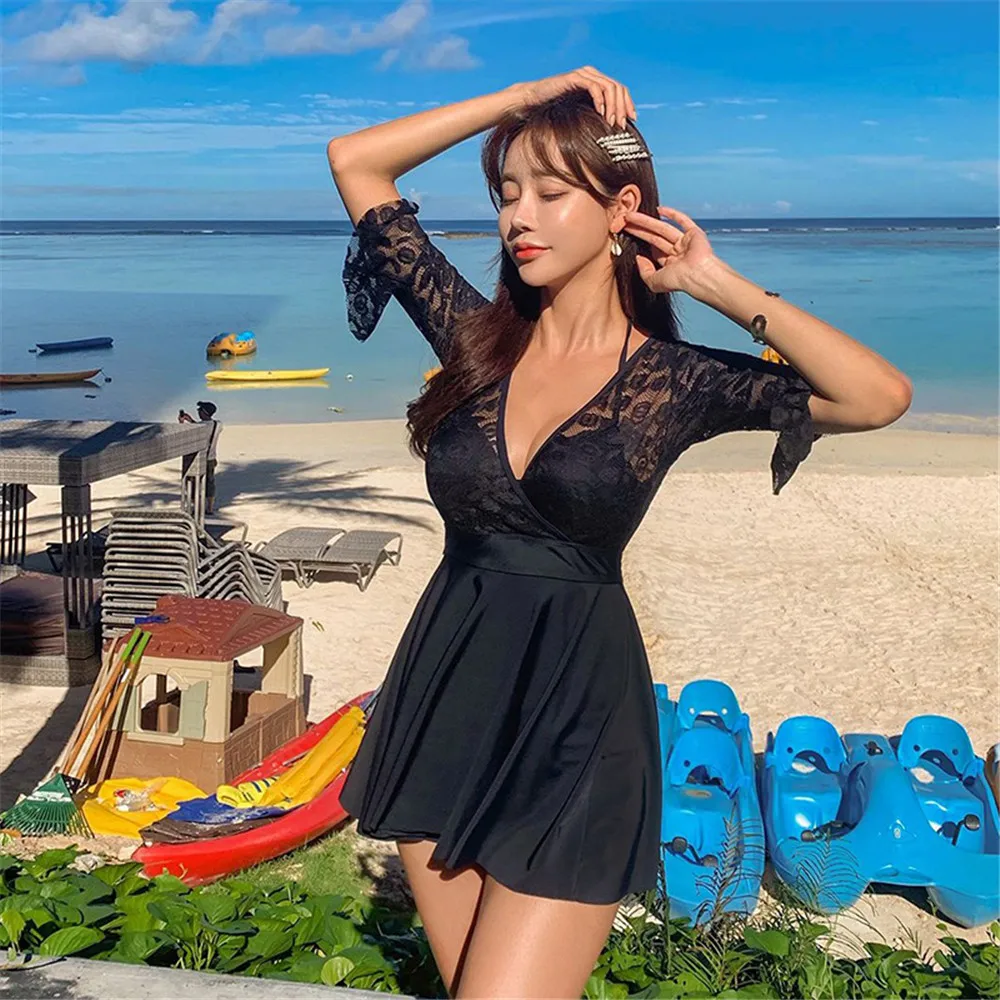 Sexy Lace One Piece Swimsuit Women Solid Swimwear Short Sleeve Monokini Push Up Swim Suit Skirt Trikini Pad Bathing Black |