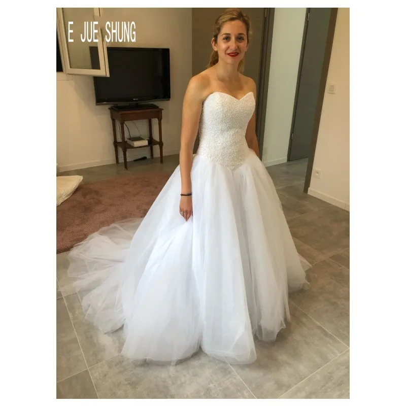 

E JUE SHUNG New Beaded Strapless Wedding Dresses Backless With Lace Up Tulle Bride Dresses Wedding Bridal Gowns Vestido De Noiva
