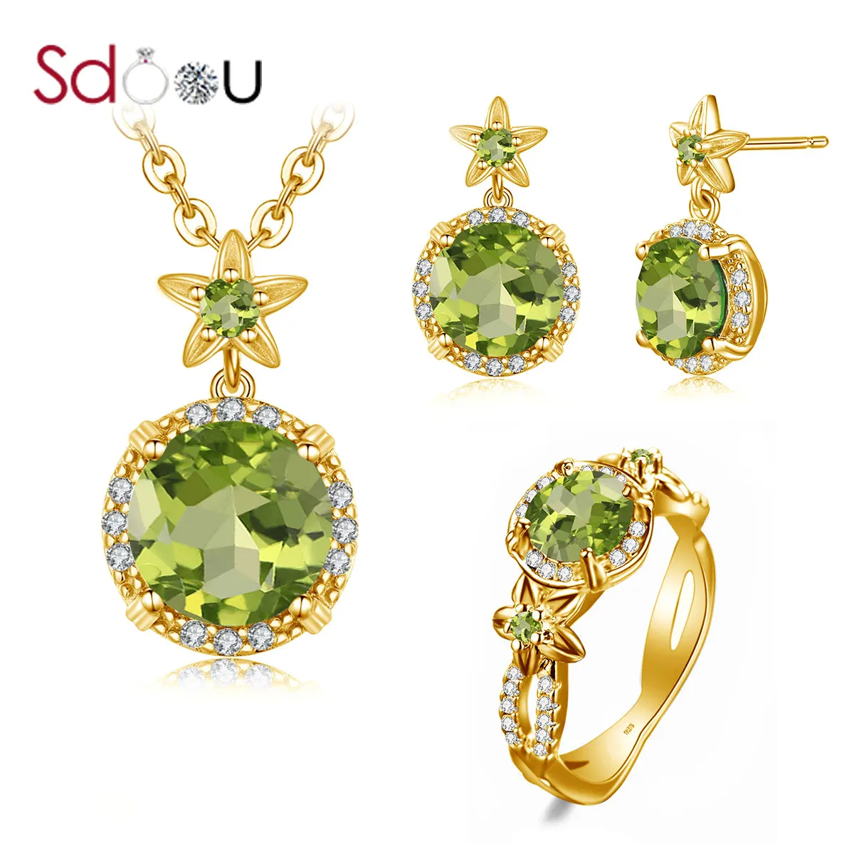 

SDOOU 14K Gold Jewelry Sets For Women Real 925 Sterling Silver Ring Stud Earrings Pendant Necklace Green Peridot Trendy Jewelry