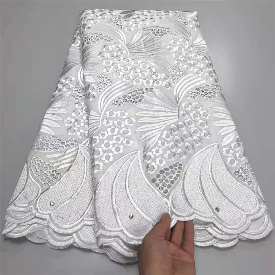 

White Lace Embroidery Swiss Voile Fabric African Lace Fabric High Quality 100% Cotton Nigerian Fabrics For Women Wedding 5 yards