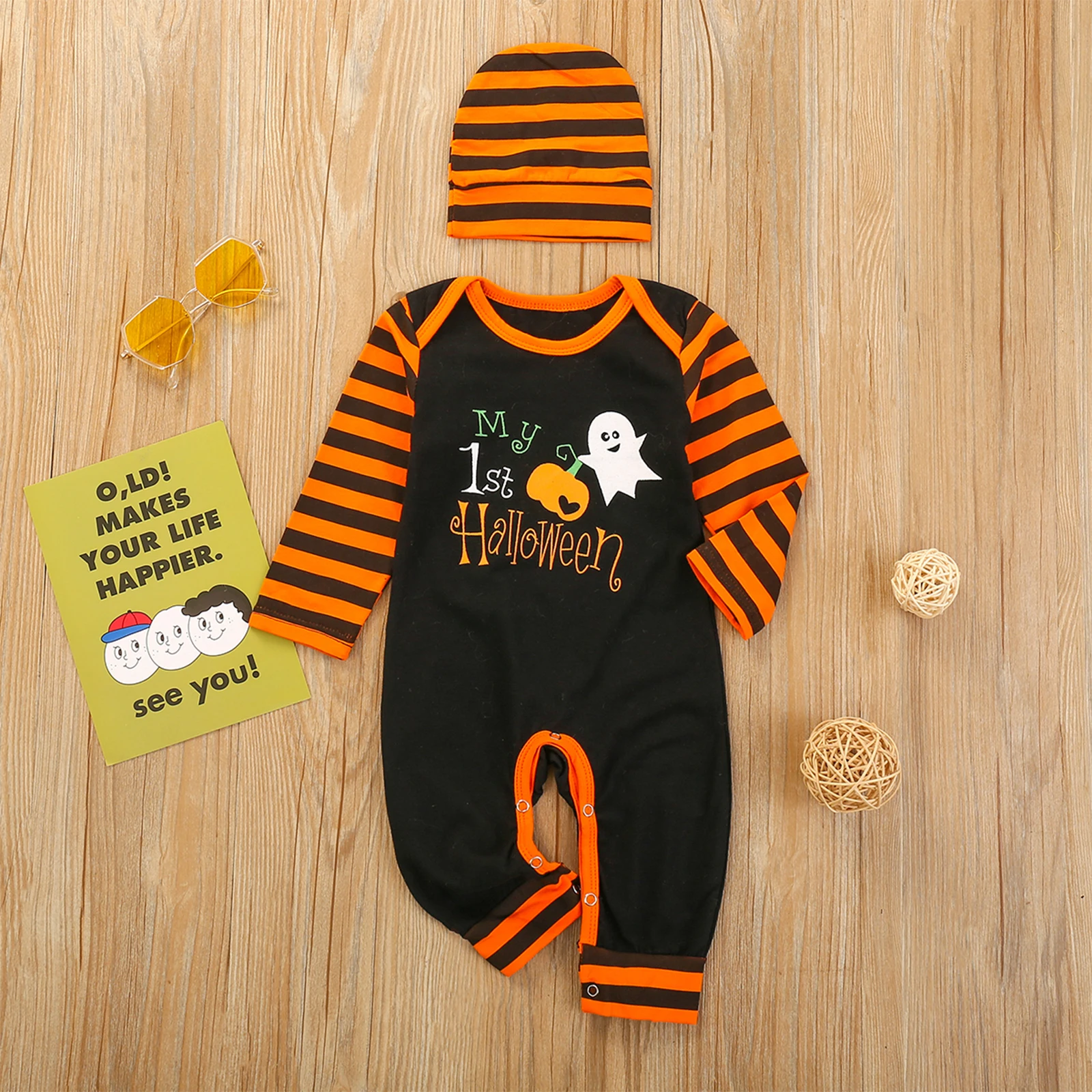 

2Pcs Baby Clothing Cartoon Ghost Printed Stitched Long Sleeve Jumpsuit Striped Hat Toddler Boys Girls Spring Autumn Romper 0-24M